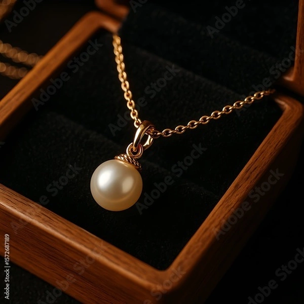 Fototapeta A delicate gold chain necklace with a single white pearl pendant displayed in a wooden box with a dark lining.