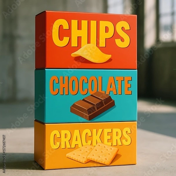 Fototapeta Stacked boxes displaying chips, chocolate, and crackers, each with a corresponding image and bold text on colorful backgrounds.