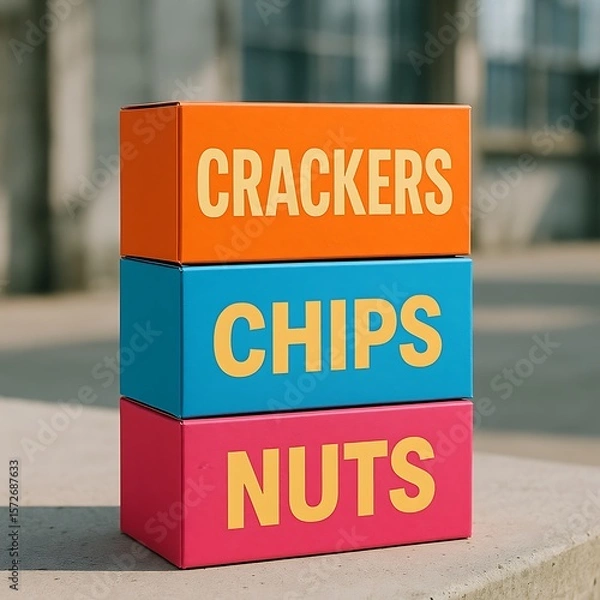 Fototapeta Colorful snack boxes stacked, displaying crackers, chips, and nuts.