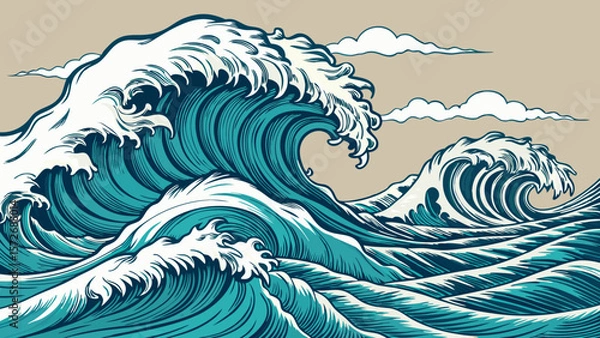 Obraz Vector art of a vintage illustration depicts powerful ocean waves crashing under a cloudy sky, evoking a sense of natures raw energy