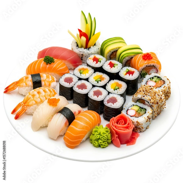 Fototapeta Assorted sushi platter featuring colorful rolls, sashimi, and decorative garnishes on a white plate