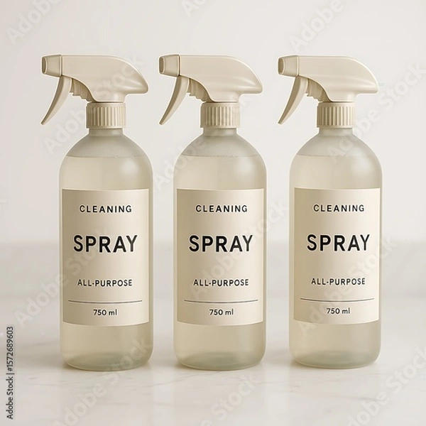 Fototapeta Three bottles of all-purpose cleaning spray, arranged neatly on a white surface.