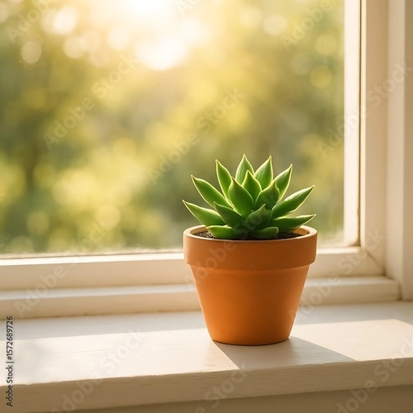 Fototapeta A succulent plant in a terracotta pot sits on a white windowsill, bathed in sunlight from the window.
