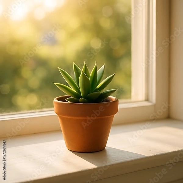 Fototapeta A succulent plant sits in a terracotta pot on a sunlit windowsill, with a blurred green background.