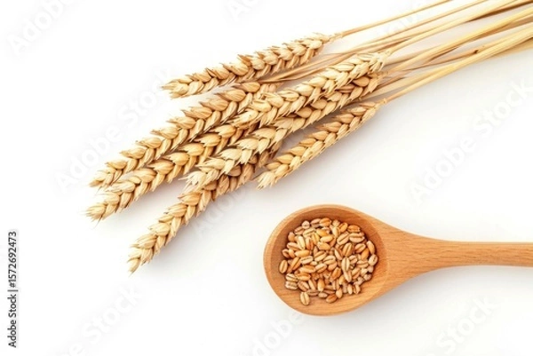 Obraz Golden wheat spikes and rustic wooden spoon holding wheat grains isolated