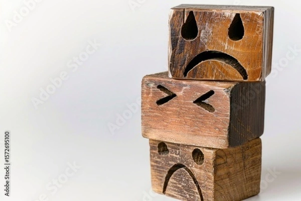 Obraz Stacked wooden blocks with expressive faces depicting a range of emotions