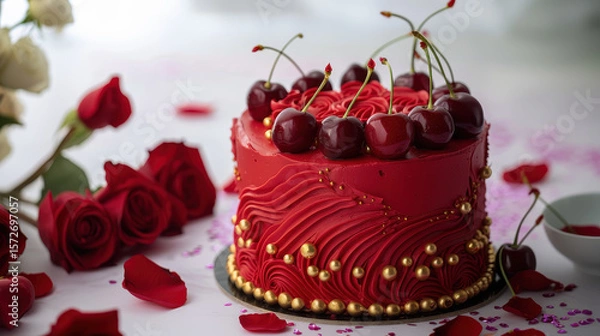 Fototapeta Sweet Symphony: A delectable red cake adorned with fresh cherries and roses, creating a visual and gastronomical celebration.