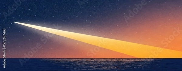 Obraz A beam of light shining across the night sky and reflecting on the ocean surface at twilight hour