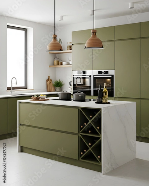 Obraz Modern green kitchen interior with white marble island, built-in appliances, and Scandinavian design in natural daylight
