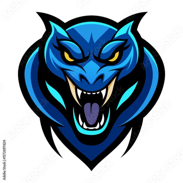 Fototapeta Fierce blue dragon head with sharp teeth and glowing yellow eyes