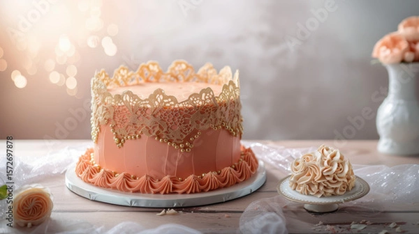 Fototapeta Elegant Cake Display: A beautifully decorated cake, with a soft and inviting design, sits invitingly on a table. Beside it, another small piece awaits. The scene is set with gentle lighting.