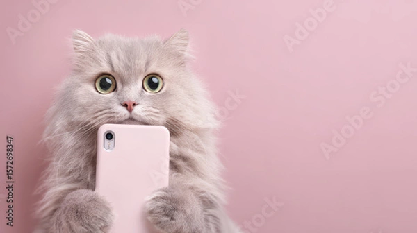 Fototapeta Fluffy Selfie Cat: A fluffy, adorable cat with wide eyes holds up a pink smartphone, appearing to take a selfie against a simple, soft pink backdrop.