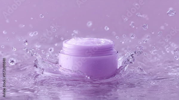 Fototapeta Hydration Infusion: A sleek cosmetic cream jar rests amidst a dynamic splash of water, portraying the essence of moisturization and rejuvenation.