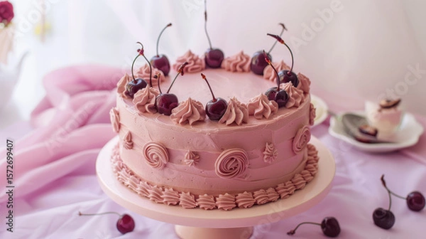 Fototapeta Cherry Delight: A delightful pink cake crowned with vibrant cherries, offering a visual feast. capturing the essence of indulgence and celebration.