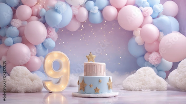 Fototapeta Birthday Celebration: A dreamy scene of pastel-colored balloons and clouds surrounds a delightful birthday cake, with a glowing number "9" at the center, celebrating a special day.