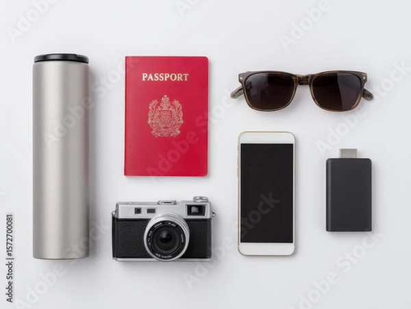 Fototapeta Essential Travel Kit: A flat lay of travel essentials, ready for adventure, features a passport, camera, sunglasses, phone, and other items.