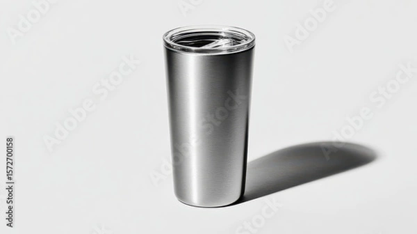 Fototapeta Modern Thermal Tumbler: A sleek, stainless steel tumbler with a transparent lid, casting a dynamic shadow on a minimalist backdrop, embodying both form and function.