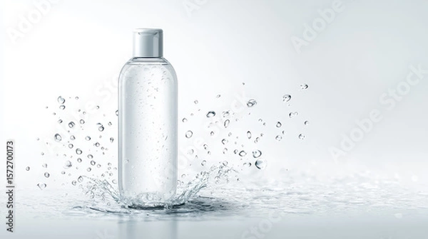 Fototapeta Fresh Hydration Splash: A sleek, transparent bottle of refreshing liquid sits amidst a dynamic splash of water, capturing the essence of purity and hydration.