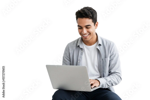Obraz young man working on laptop isolated on white background