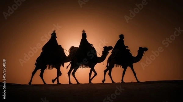 Fototapeta Nativity Wise Men. Dusk Backlit Image of Three Wise Men and Camel Traveling to Bethlehem Concept