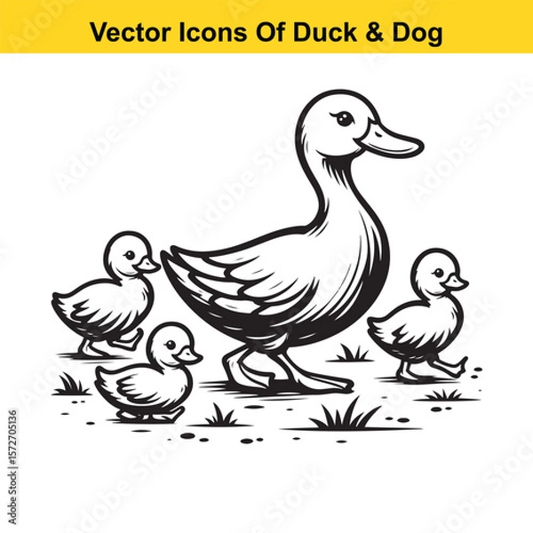 Fototapeta Dog and Duck Vector Illustration Bundle – Hunting, Wildlife, and Animal Interaction Poses