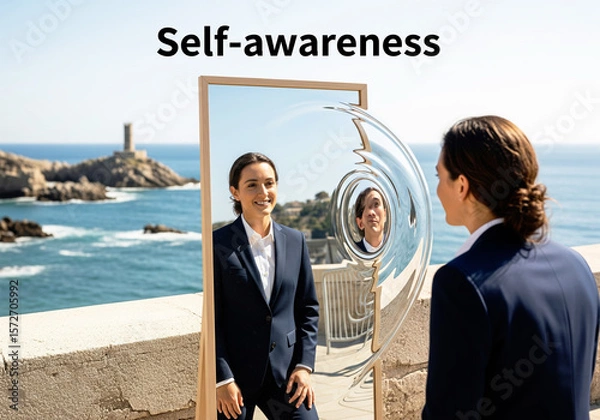 Fototapeta The concept of self-awareness with a businesswoman looking at her warped reflection in a mirror by the sea.