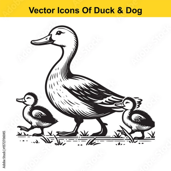 Fototapeta Dog and Duck Vector Illustration Bundle – Hunting, Wildlife, and Animal Interaction Poses
