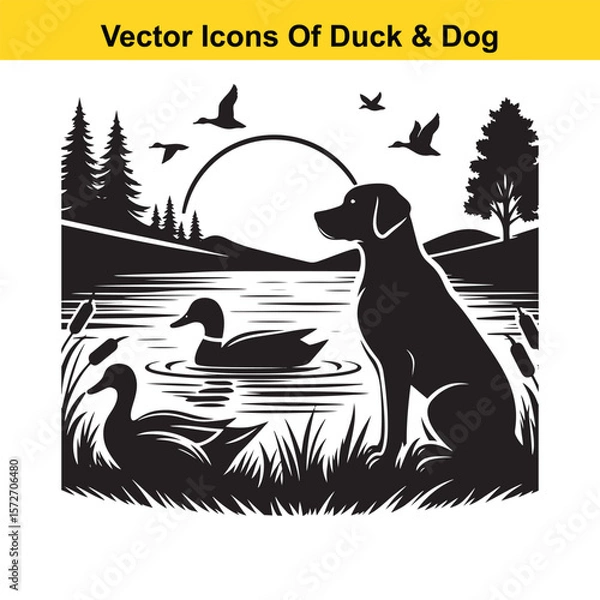 Fototapeta Dog and Duck Vector Illustration Bundle – Hunting, Wildlife, and Animal Interaction Poses