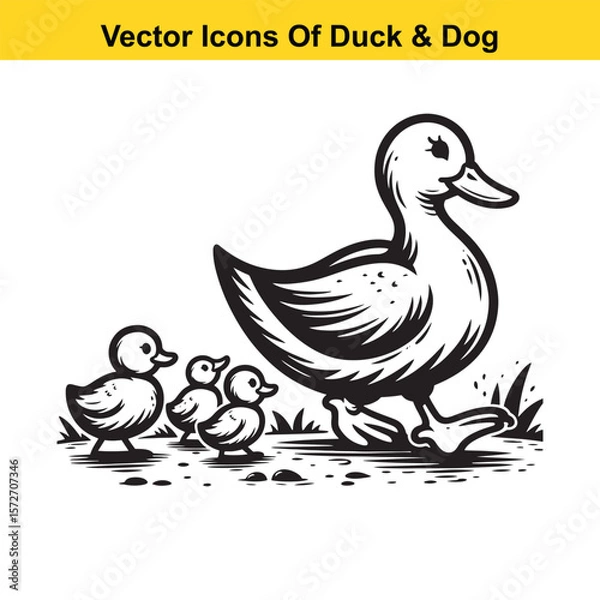 Fototapeta Dog and Duck Vector Illustration Bundle – Hunting, Wildlife, and Animal Interaction Poses