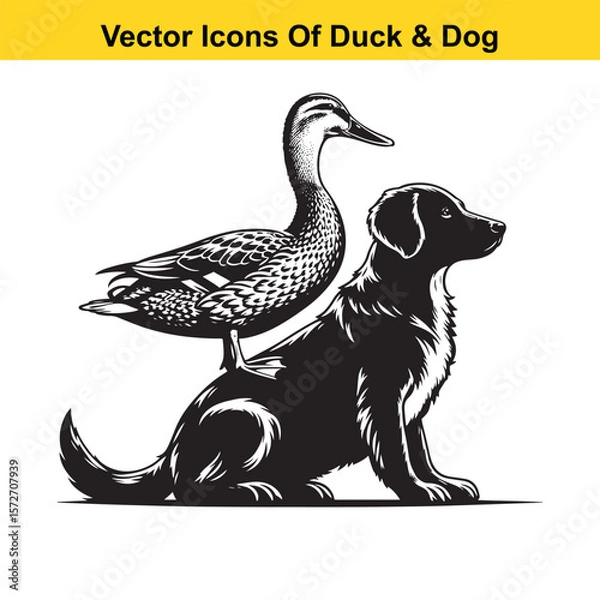 Fototapeta Dog and Duck Vector Illustration Bundle – Hunting, Wildlife, and Animal Interaction Poses