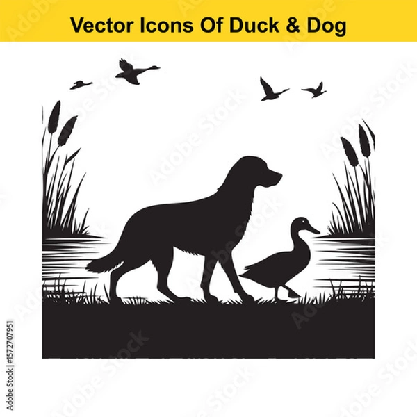 Fototapeta Dog and Duck Vector Illustration Bundle – Hunting, Wildlife, and Animal Interaction Poses