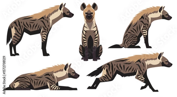 Fototapeta Striped hyena in various poses showcasing unique features and stance  