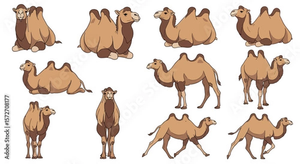 Fototapeta Wild Bactrian camels in different poses and actions in nature  