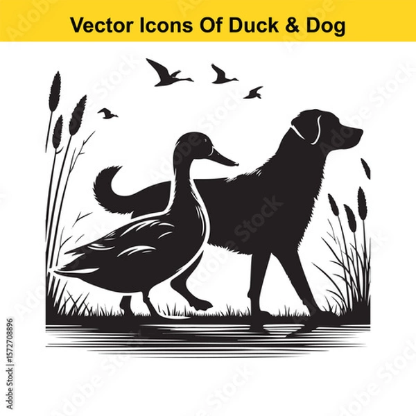 Fototapeta Dog and Duck Vector Illustration Bundle – Hunting, Wildlife, and Animal Interaction Poses