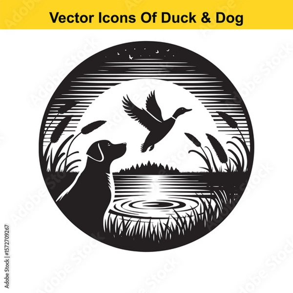 Fototapeta Dog and Duck Vector Illustration Bundle – Hunting, Wildlife, and Animal Interaction Poses