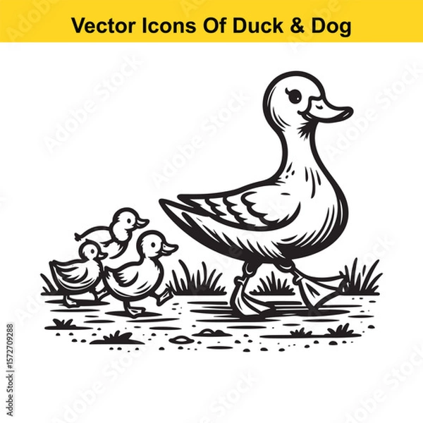 Fototapeta Dog and Duck Vector Illustration Bundle – Hunting, Wildlife, and Animal Interaction Poses