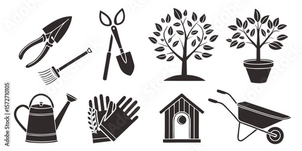 Fototapeta Set of Simple Black and White Garden Tools and Elements in vector