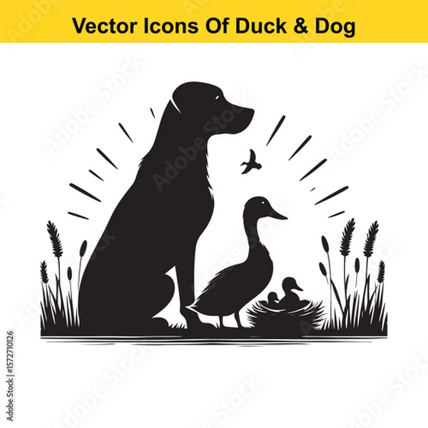 Fototapeta Dog and Duck Vector Illustration Bundle – Hunting, Wildlife, and Animal Interaction Poses