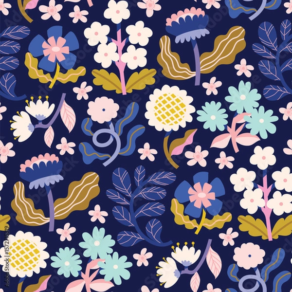 Fototapeta Dark navy vector seamless floral flat pattern