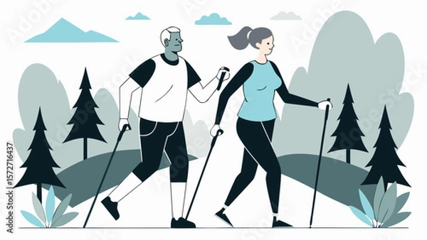 Obraz Couple hiking with trekking poles in a forested mountain area on a cool day