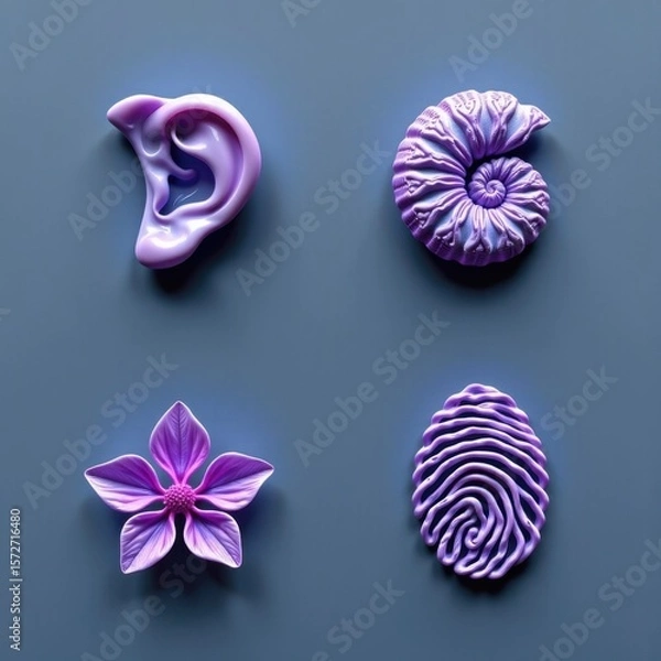 Fototapeta Artistic arrangement of four purple objects resembling an ear flower and fingerprint on a soft blue background with elegant shadowing and detailed textures