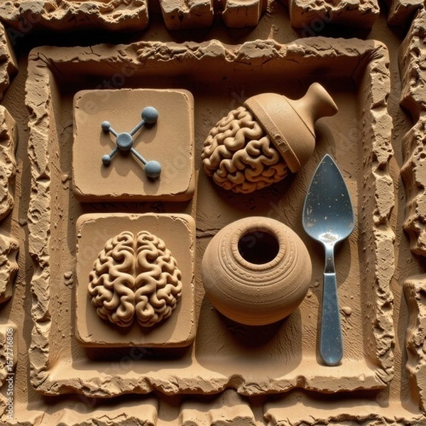 Fototapeta Artistic arrangement of brain models two puzzle pieces a clay pot a spoon and a brain-shaped sculpture on a textured sandy background representing creativity and mental health concepts