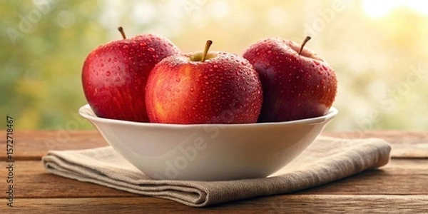 Fototapeta Fresh red apples in bowl on wooden table with blurred nature background.
