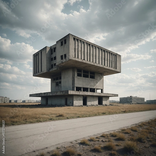 Fototapeta Post apocalyptic landscape with an unusual abandoned building