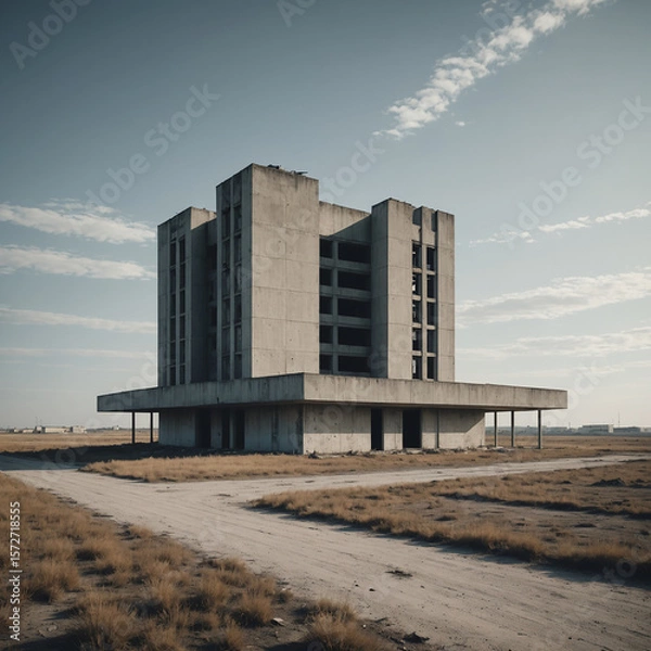Fototapeta Post apocalyptic landscape with an unusual abandoned building
