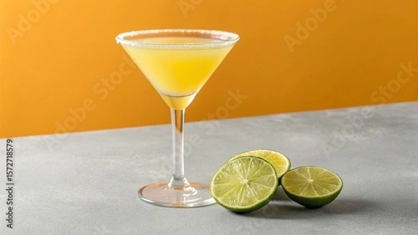 Fototapeta Cocktail with lime and ice on grey table, closeup