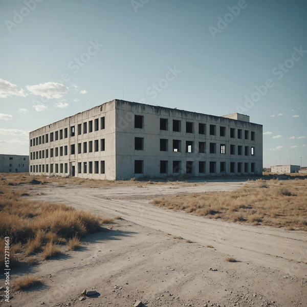 Fototapeta Post apocalyptic landscape with an unusual abandoned building