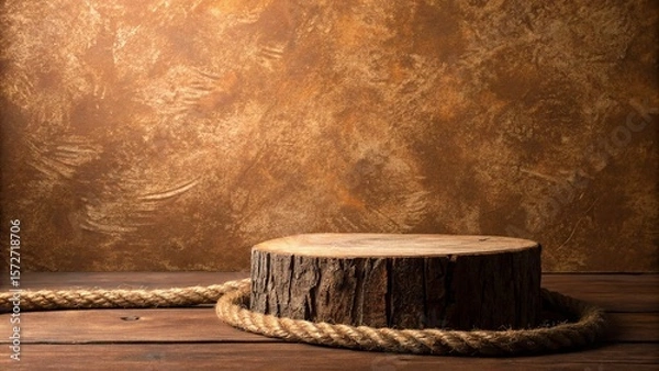 Fototapeta Wooden table in front of a rustic background with a rope.