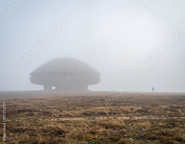 Fototapeta Post apocalyptic landscape with an unusual abandoned building