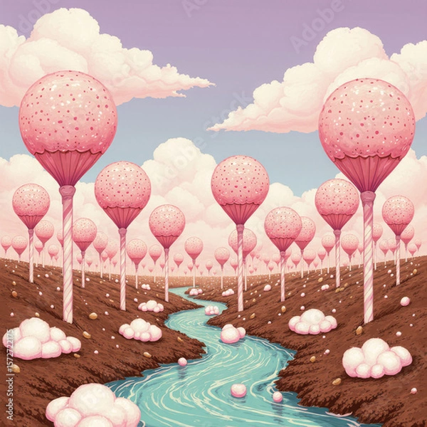 Fototapeta Generative AI Candy Land Landscape with River Lollipop Trees Sky Clouds Pink Brown Blue Whimsical Fantasy Sweet Sugar Cartoon Illustration Field Horizon - Unique Design
